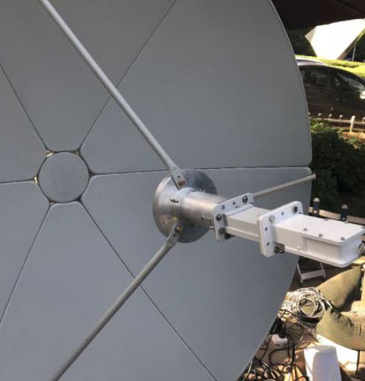 The compact size AsiaSat BPF installed between the antenna OMT output and the LNB input in a 3.7m TVRO antenna 